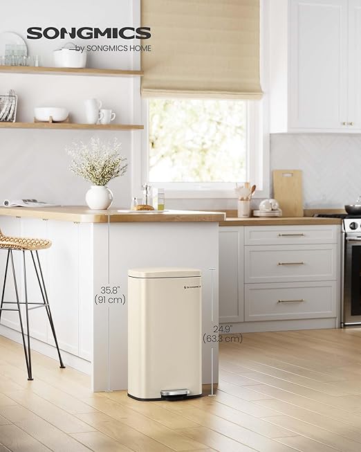 SONGMICS Trash Can with Lid, 8 Gallon Garbage Can, Stainless Steel Small Waste Bin with Step Pedal and Inner Bucket, Soft Close, Kitchen, Sand Beige ULTB003A01