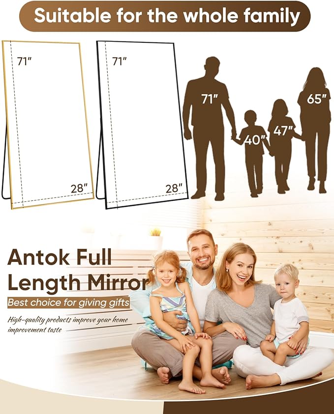 Antok Full Length Mirror, 71"x28" Floor Mirror, Floor Standing Freestanding Full Body Mirror with Stand for Bedroom, Hanging Mounted for Living Room Cloakroom, Black