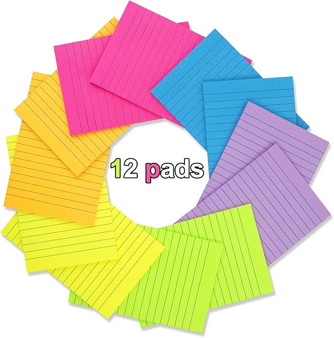 (12 Pack) Lined Sticky Notes 4x6 in Ruled Stickies Super Sticking Power Memo Pads Bright Colors