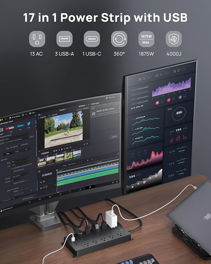 TROND Surge Protector Power Strip, 360° Rotating Flat Plug, 13AC Widely Spaced Outlets Expansion with USB C Port, 4000 Joules, 5ft Extension Cord Heavy Duty, Wall Mount, Under Desk, ETL Listed, Black