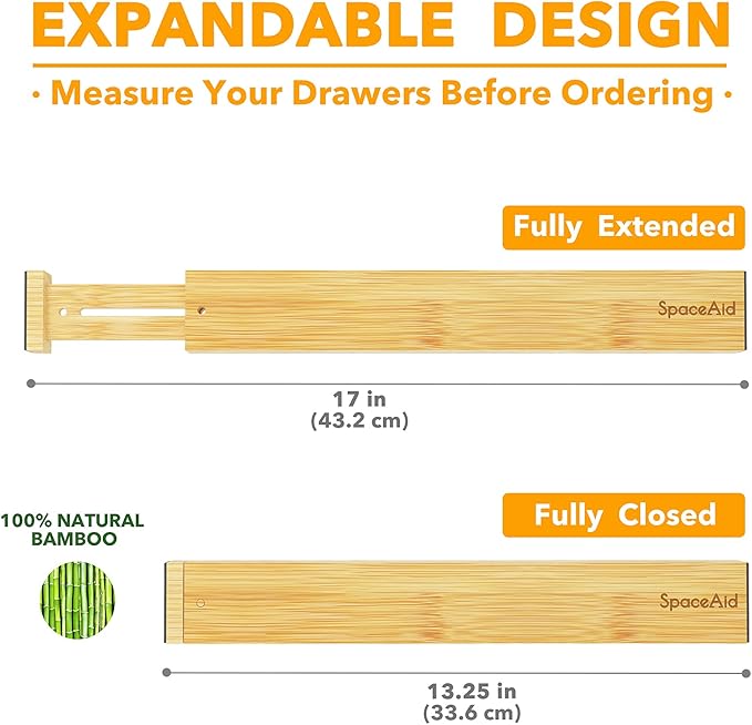 SpaceAid Bamboo Drawer Dividers with Labels, Kitchen Adjustable Drawer Organizers, Expandable Organization for Home, Office, Dressers and Bathroom, 6 Dividers (13.25-17 in)