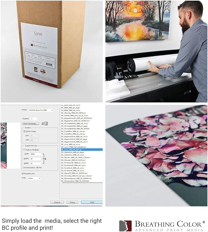 Premium Lyve Matte Canvas Paper Perfect For Use on Professional Makes and Models of Epson, Canon and HP printers preferred by Professionals. 19 mil textured Canvas offered in a 50 inch by 40 ft roll