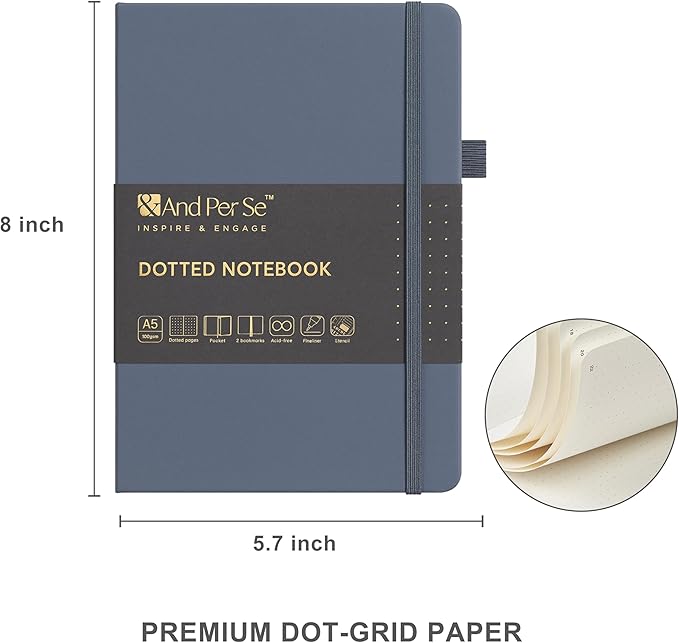 &And Per Se Dotted Journal Notebook Set, A5 Hardcover Dotted Journal (Dark Blue), 6 Fineliner Pens, 8 Sticker, 5 Stencil Sheets & 6 Washi Tapes, Journaling Supplies for Planner Schedule