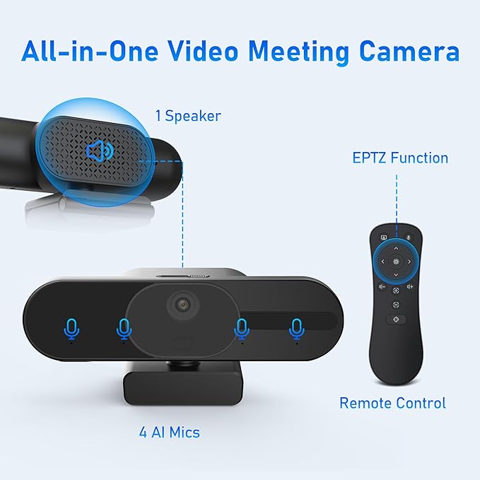 4K Webcam with Speaker and 4 AI Noise-Cancelling Mics, Wide Angle PC Cameras with Remote, Auto Focus, Privacy Cover, Tripod, Great for Computer, Zoom, Skype, Teams, Laptop, Personal Video Calling