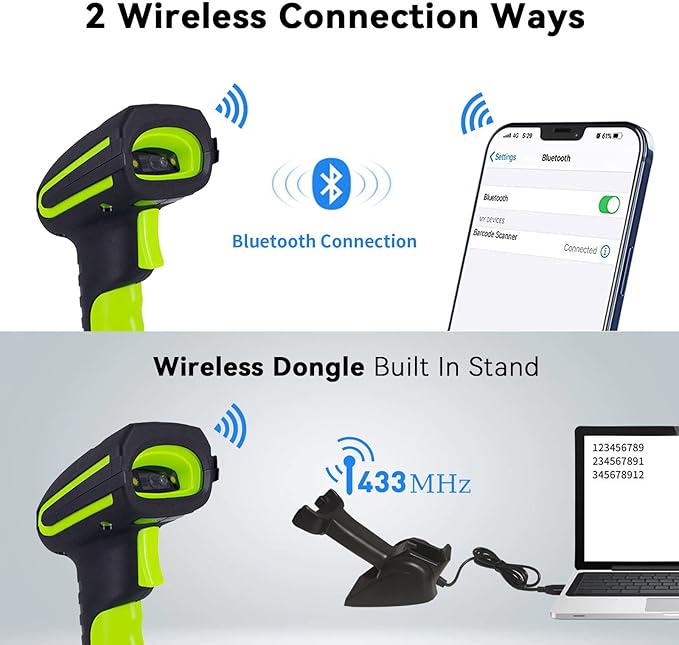 Alacrity Upgraded 2D Industrial Barcode Scanner with Wireless Charging Stand, 1968 Feet Transmission Distance 433Mhz Wireless & Bluetooth 2in1 Barcode Reader, Shock Dust Proof Hands Free, Green