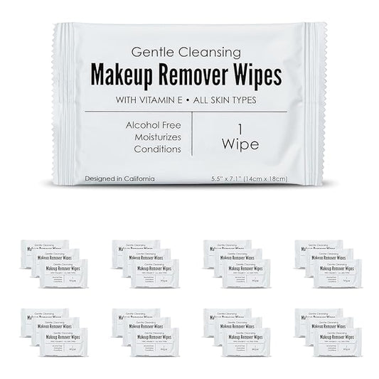 Bulk Makeup Remover Wipes | 50 Count | Individually Wrapped, Gentle Cleansing, Alcohol Free - All Skin Types - Vitamin E - 100% Recyclable, Hotel Travel Size Toiletries