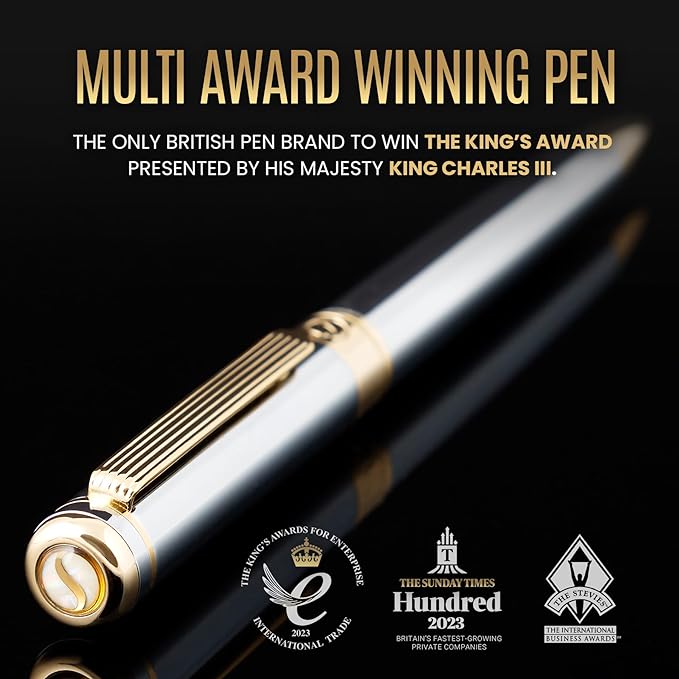 Scriveiner Silver Chrome Ballpoint Pen - Stunning Luxury Pen, Real Gold Plating, Schmidt Black Refill, Best Ball Pen Gift Set for Men & Women, Professional, Executive, Office, Nice, Fancy Pens