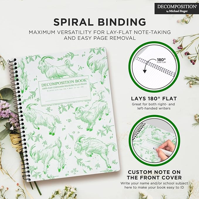 Decomposition Goatbook College Ruled Spiral Notebooks – 9.75 x 7.5 Journal with 160 Lined Pages – Notebooks for School Supplies, Home & Office – 100% Recycled Paper – Made in USA