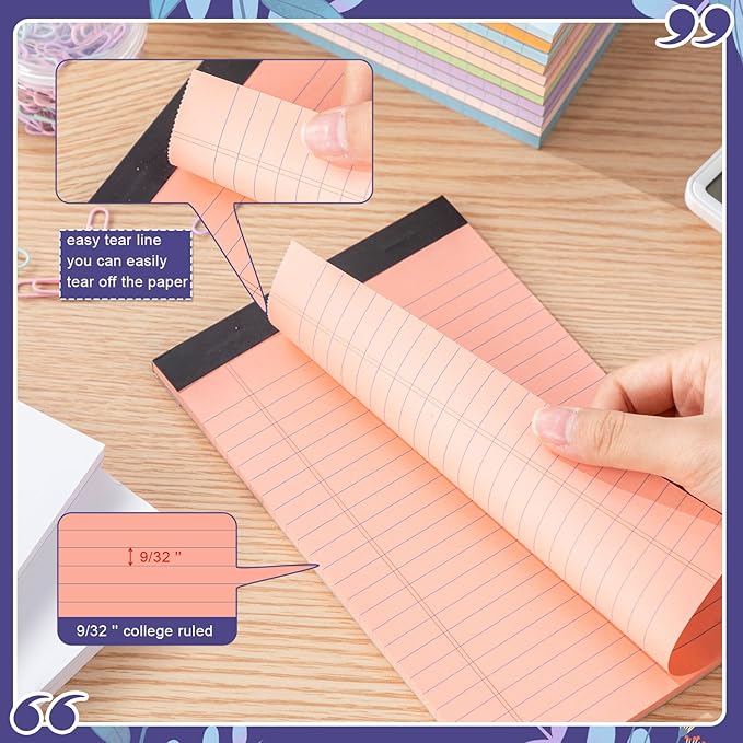 Lincia 24 Pcs 12 Pcs 5" x 8" Small Legal Pads Colored Lined Note Pads Narrow Ruled Writing Notepads 50 Sheets Per Micro Paper Notebook Lined and Perforated for College Office Supplies (Bright Colors)