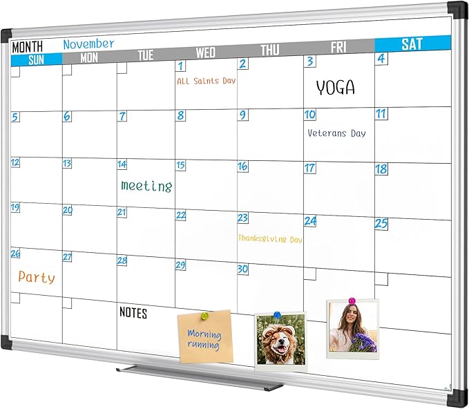 XBoard Magnetic Calendar Whiteboard 36" x 24" - Monthly Calendar Dry Erase Board, Reusable Colorful Calendar Board, Silver Aluminium Framed Monthly Planning Board
