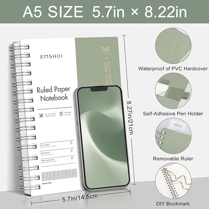EMSHOI Lined Spiral Journal Notebook, A5 College Ruled Notebook, 300 Pages/150 Sheets, 100gsm Acid-Free Paper, Waterproof Softcover Notebook for School, Work, Note Taking, 5.7" × 8.22" - Light Green
