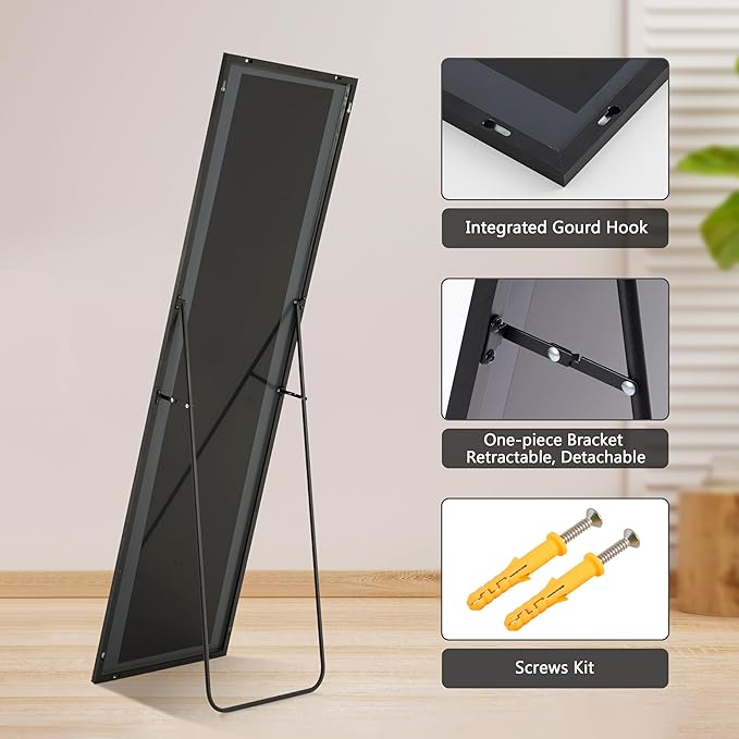 Simple Deluxe 64"×21" Hanging Mirror, Full Length Mirror for Bedroom, Body Floor Mirror with Stand, Aluminum Frame Large Mirror for Cloakroom, Black