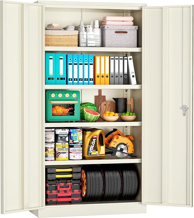 INTERGREAT Tall Metal Storage Cabinet Locking Steel with 4 Adjustable Shelves,72" Lockable Cabinets Lock 2 Doors for Office Garage Supply Home (Cream Grey)