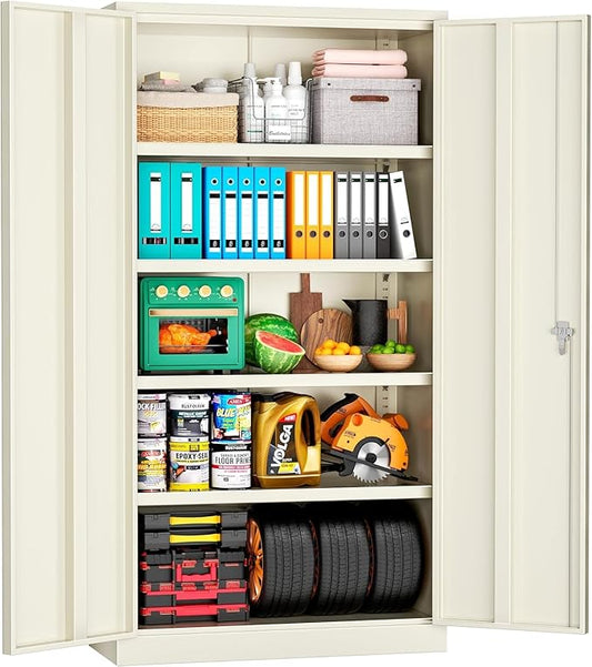 INTERGREAT Tall Metal Storage Cabinet Locking Steel with 4 Adjustable Shelves,72" Lockable Cabinets Lock 2 Doors for Office Garage Supply Home (Cream Grey)