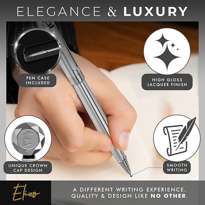 ELIZO Luxury Pen Fancy Chrome Silver Nice Gift Rollerball Cool Pens Best Schmidt Ink EDC Pen Executive Smooth Writing Pens for Men Women