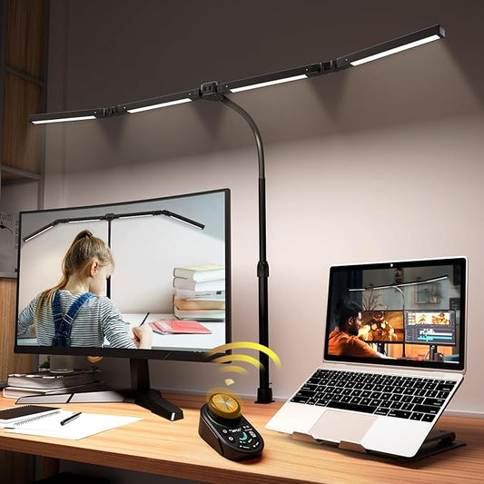 Adjustable LED Desk Lamp – Stepless Dimming & Color Temp Remote Control, Eye-Caring 4 Large Bright Light Souce for Home Office, Gooseneck, Clamp Base, 5 Lighting Modes for Reading, Computer, DIY