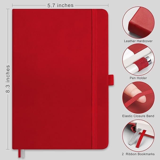 RETTACY Lined Journal Notebook, 192 Numbered Pages, A5 Medium Size (5.7'' x 8.3''), for Men & Women, Journaling, Writing, Work & Office, Leather Hardcover, 100 GSM Thick Paper (Red)