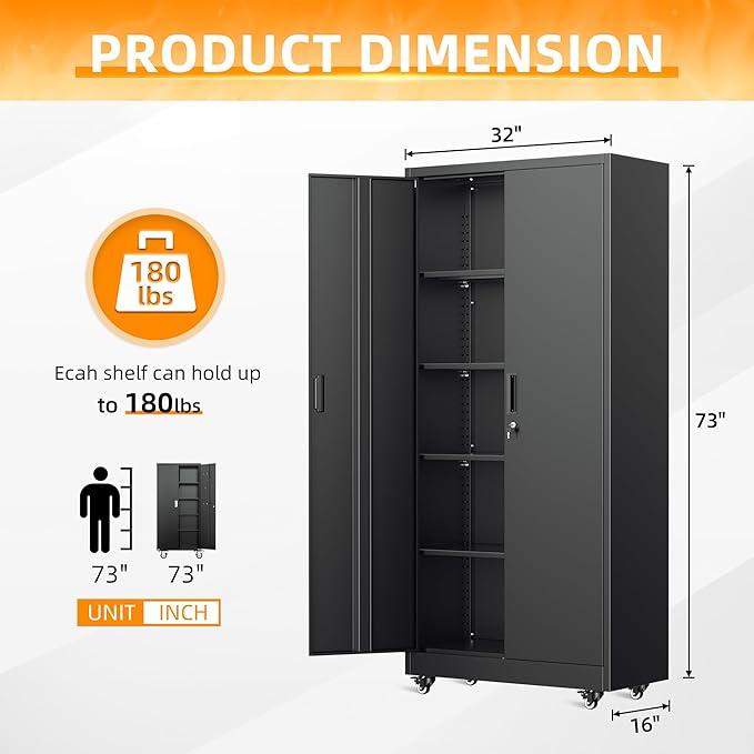 INTERGREAT Rolling Storage Cabinet, 73" Tall Lockable Tool Cabinet with Pegboard and Shelves, Heavy-Duty File Cabinet with Wheels for Garage, Basement, Warehouse, Black