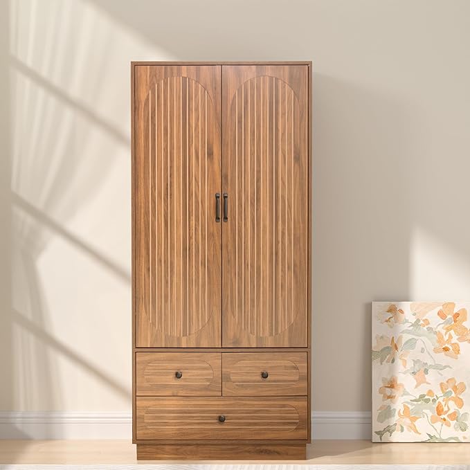 Armoire Wardrobe Closet with Doors, Wardrobe Cabinet with 3 Drawers, Wooden Large Clothing Storage Cabinet with Hanging Rod and Shelf, Mid-Century Modern Tall Closet for Bedroom, Walnut