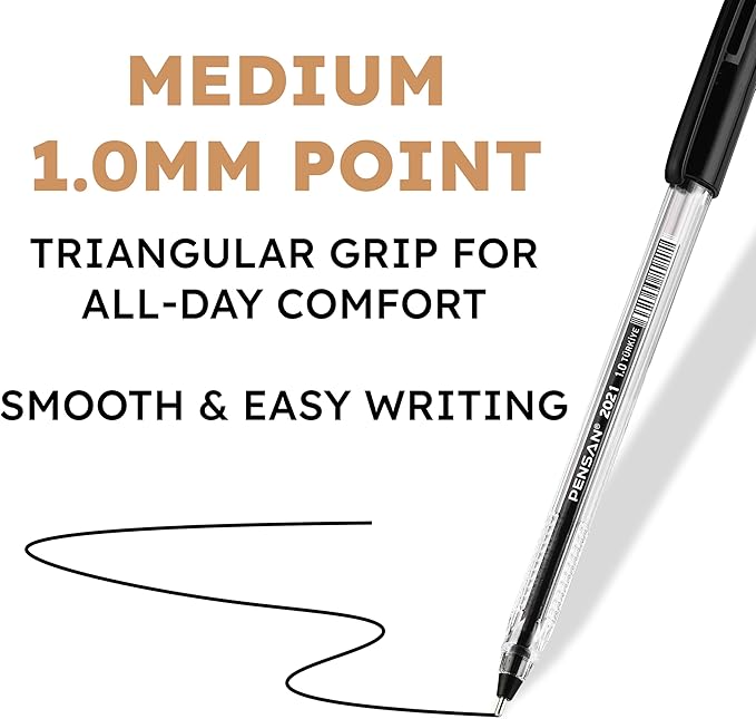 Black Ballpoint Pens,1.0 mm Medium Point, Black Pens, Ergonomic Triangle Grip, Smooth Writing, 300-Count Pack of Bulk Pens