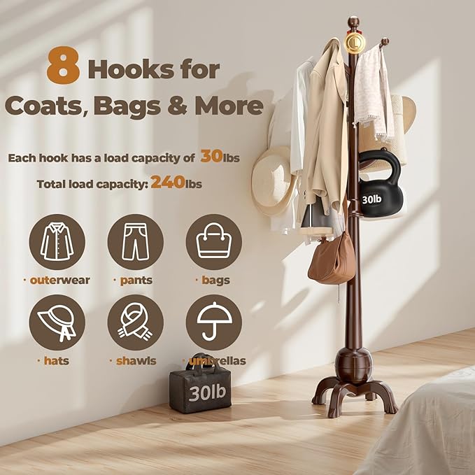 Wood Coat Rack Freestanding, Solid Wooden Hall Tree with 8 Hooks, Coat Tree Freestanding Heavy Duty with Stable Base, Entryway Hallway Bedroom Office Use, 240lbs Load Capacity H:71.6in (Natural)
