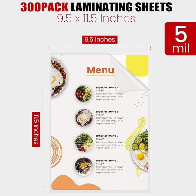 CAREGY Thermal Laminating Pouches,250 Pack Laminating Sheets, 5 Mil, 9 x 11.5 Inches Lamination Sheet Paper for Laminator, Round Corner Letter Size, Office and School Supplies