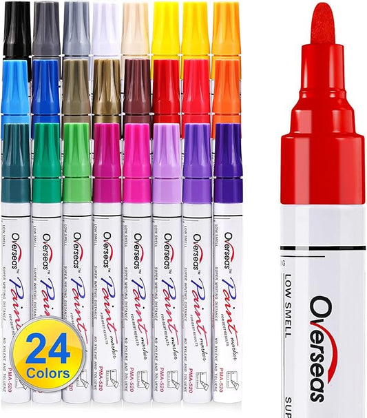 Paint Marker Pens - 24 Color Permanent Oil Based Markers, Medium Tip, Quick Dry and Waterproof Assorted Color Paint Pens for Metal, Wood, Plastic, Stone, Mugs, Canvas, Glass, Art Craft