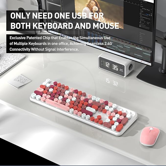 FOPETT 2.4GHz Wireless Keyboard and Mouse Set with Switch Button - Full-Size Keyboard - Compatible for Windows/Laptop/PC/Notebook/Smart TV and More - White Colorful
