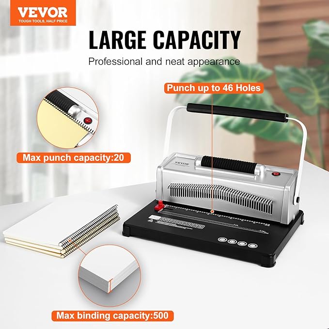 VEVOR Coil Spiral Binding Machine, Manual Book Maker with Electric Binding, 46-Holes Binding 500 Sheets Punch Binder, with 100pcs 5/16'' Coil Binding Spines, for Letter Size, A4, A5