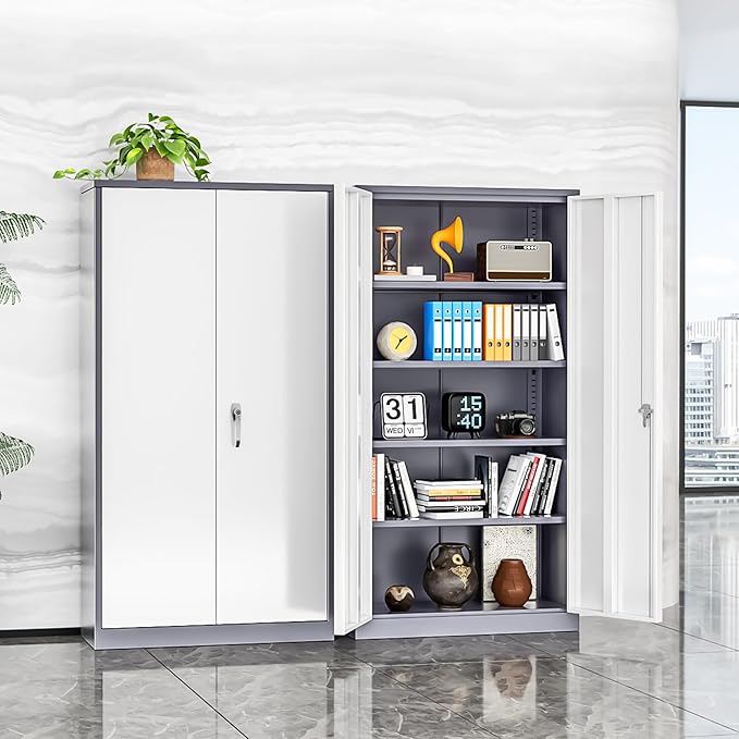 INTERGREAT Storage Cabinets with Doors and Shelves, 72“ Steel Tool Locking Cabinet, Metal Storage Cabinet for Home Office, Warehouse, School, Grey White