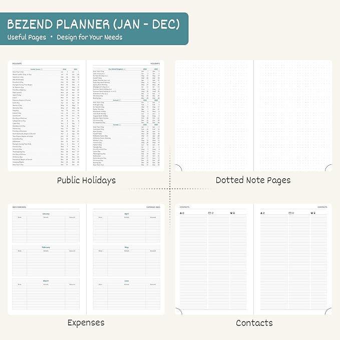 BEZEND 2026 Planner Weekly and Monthly (6" x 8.5") Daily Calendar with Half-Hourly Timeslots & Tabs (Jan-Dec) Note & Expenses, Pen Holder, Inner Pocket, Vegan Leather Hardcover - Black