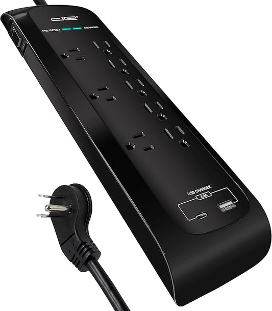 Digital Energy USB-C and USB-A 8 Outlet 8 Outlet 4200 Joules Surge Protector Power Strip, 3 Wide Spaced Outlets, 6 Foot 14/3 AWG Cord, Black