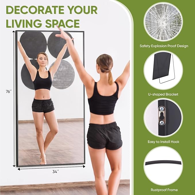 Full-Length Floor Mirror with Stand, 76"x34" Rectangle Style Full Body Standing Mirror for Bedroom, Living Room, Gym, Dorm - Shatter-Resistant & Easy Assembly, Black