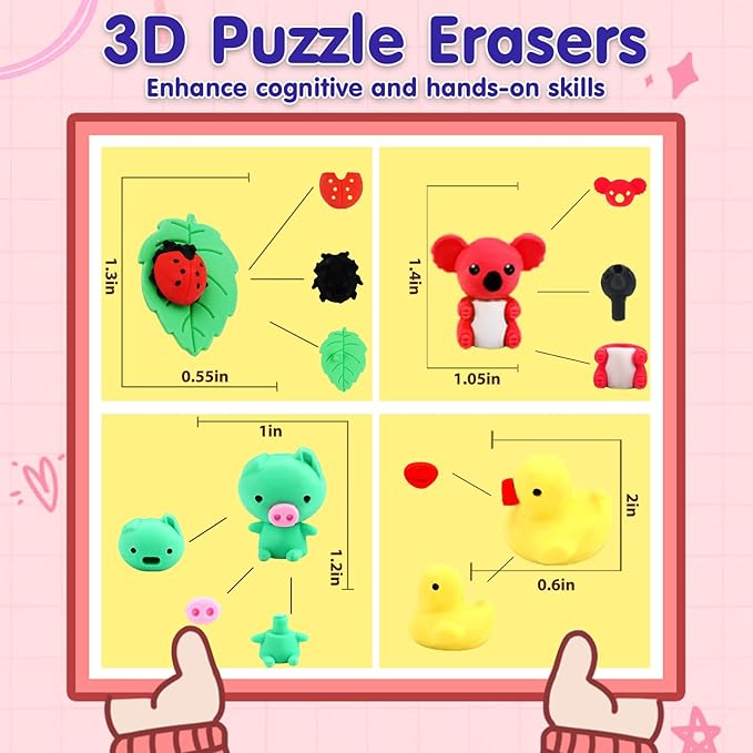 34Pcs Animal Erasers Bulk Cute Desk Pets Kids Puzzle Erasers Take Apart Cool 3D Eraser Mini Pencil Eraser Fun Party Favors for School Supplies Classroom Rewards Easter Egg Fillers Gifts