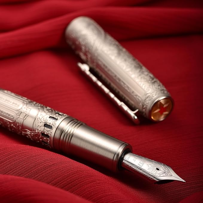 Hongdian 100 Piston Fountain Pen Silver Steel, Iridium Medium Nib Calligraphy Pen, Smooth Writing Pen with Pen Case Set