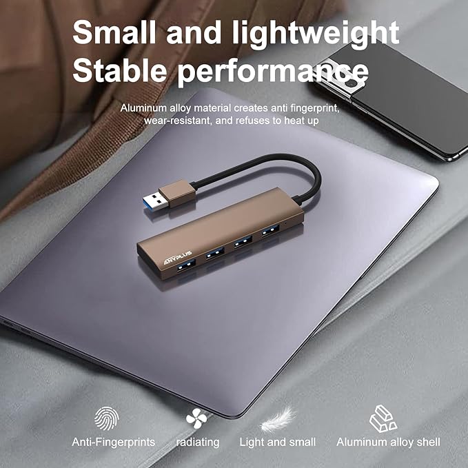 USB Hub, USB 3.0 Hub Aluminum Alloy Ultra Slim USB Splitter, Portable 4 Port USB Extender, USB Hub for Laptop, PC, MacBook, iMac, Surface Pro, Mac Pro, Flash Drive, XPS【Brown】