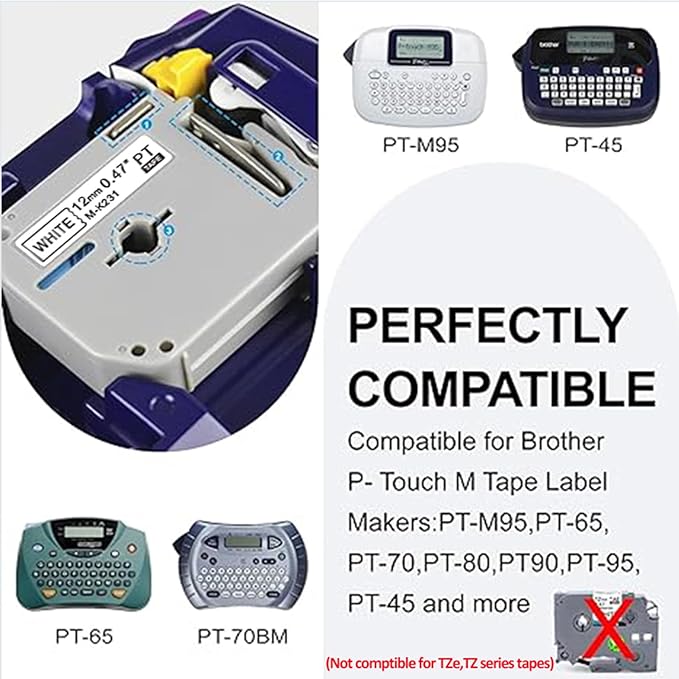 8 Pack M-K231 M Tape 12mm Compatible with M-K231s Brother Label Tape Black on White 0.47 Inch Tape for P Touch PT-M95 PT95 PT65 PT-65 PT70 PT85 PT90 Label Maker Tape Refill