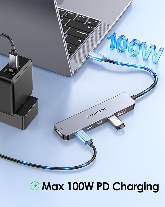 LENTION USB C Hub with 4K@60Hz HDMI, 2 USB C and 2 USB 3.2 Gen2 Transfer Data in 10Gbps Max, 100W Charging, for MacBook Pro M4, Mac Air, iPhone 15, Windows, More, Stable Driver Adapter (CE37 Gray)