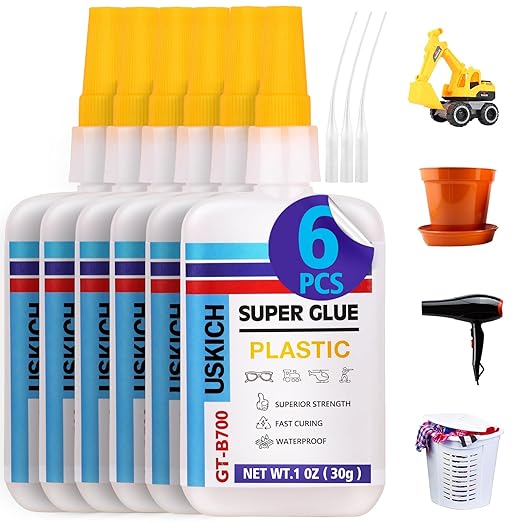 Super Glue for Plastic with Anti Clog Cap. 6 x 1 fl oz,Plastic Glue- Adhesive CA Glue for Model and Miniature,Suitable for PLA, ABS,PVC,3D Printing,Toys,Legos.Heavy Duty Model Repair Kit, Quick Dry