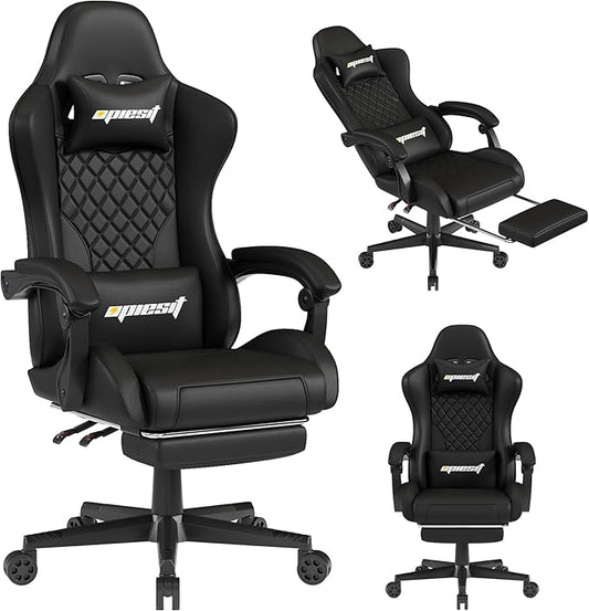 Gaming Chair,Ergonomic Computer Chairs for Adults with Footrest, PU Leather Office Chair with Adjustable Lumbar Support & Pocket Spring Cushion - Heavy Duty 400lb Capacity Gamer Chair(Black)