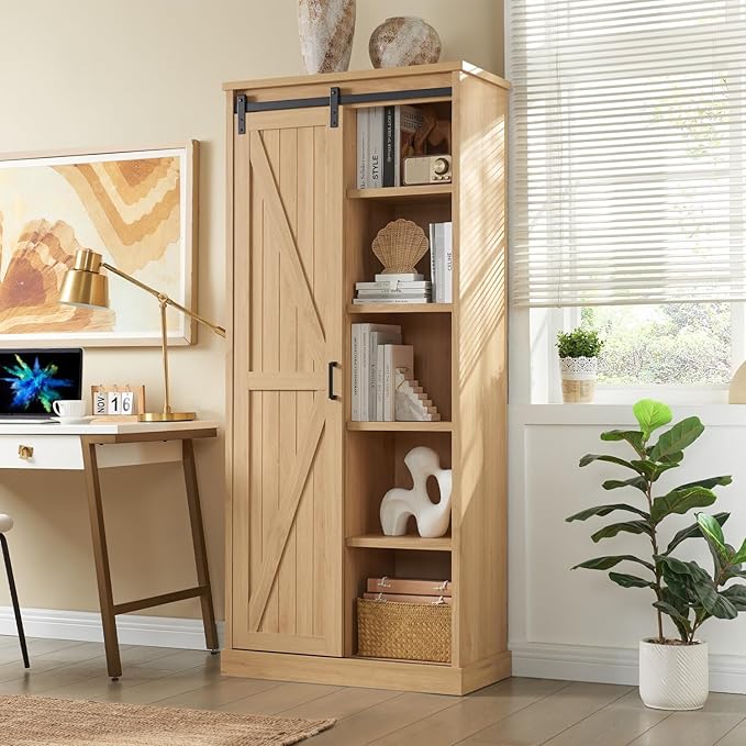 72” Tall Farmhouse Bookshelf, 32” Wide Large Wooden Bookcase w/Sliding Barn Door, 5-Tier Storage Cabinet with Adjustable Shelves, Modern Versatile Cabinet for Living Room, Offices, Natural Oak