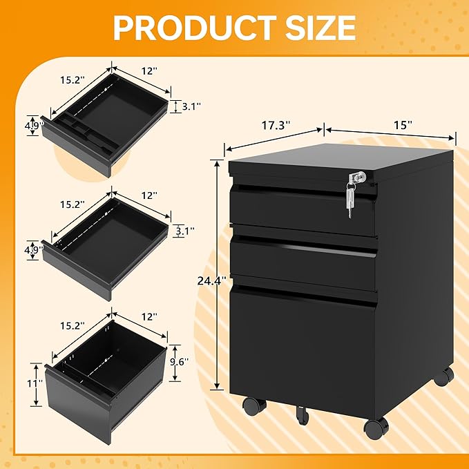 STANI 3 Drawer Mobile File Cabinet with Lock Under Desk Metal Filing Cabinet Locking Office Mobile Cabinet with Wheels Under Desk Office Drawers Rolling Mobile File Cabinet Assembly Required Black