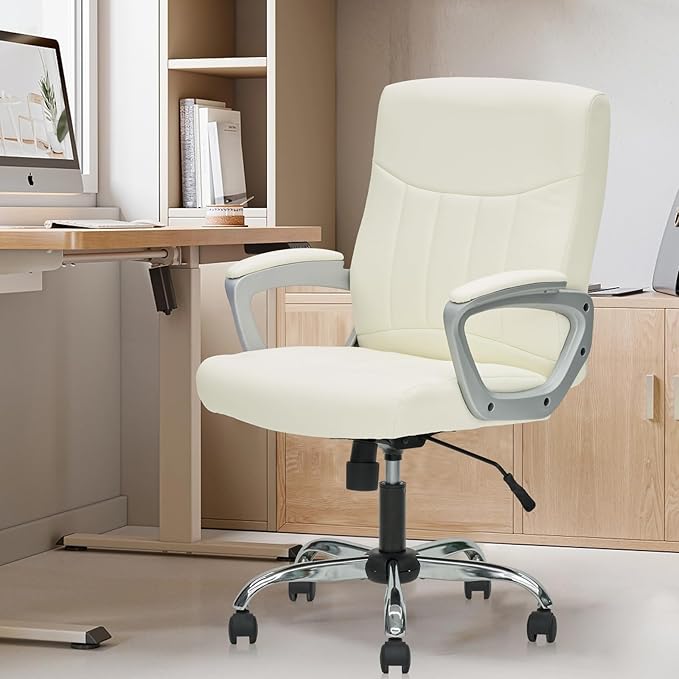 CLATINA Office Computer Desk Chair Executive Mid Back Chair Comfortable Ergonomic Managerial Chair Adjustable PU Leather Home Office Desk Chair Swivel, White 4PK