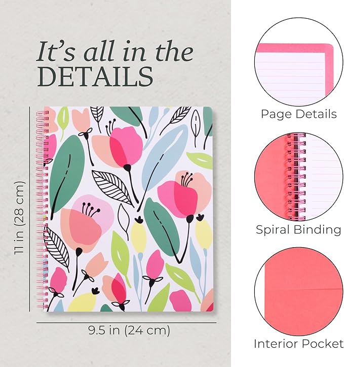 Steel Mill & Co Cute Large Spiral Notebook College Ruled, 11" x 9.5" with Durable Hardcover and 160 Lined Pages, Pink Poppy