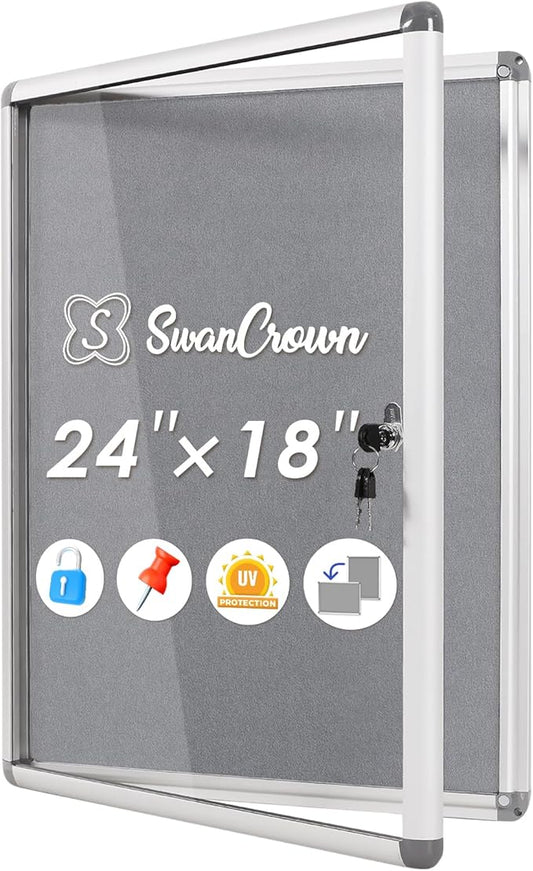 SWANCROWN Enclosed Bulletin Board 24x18 in, Tamperproof Lockable Grey Felt Board Wall Display Case for Office School Home, Aluminum Frame