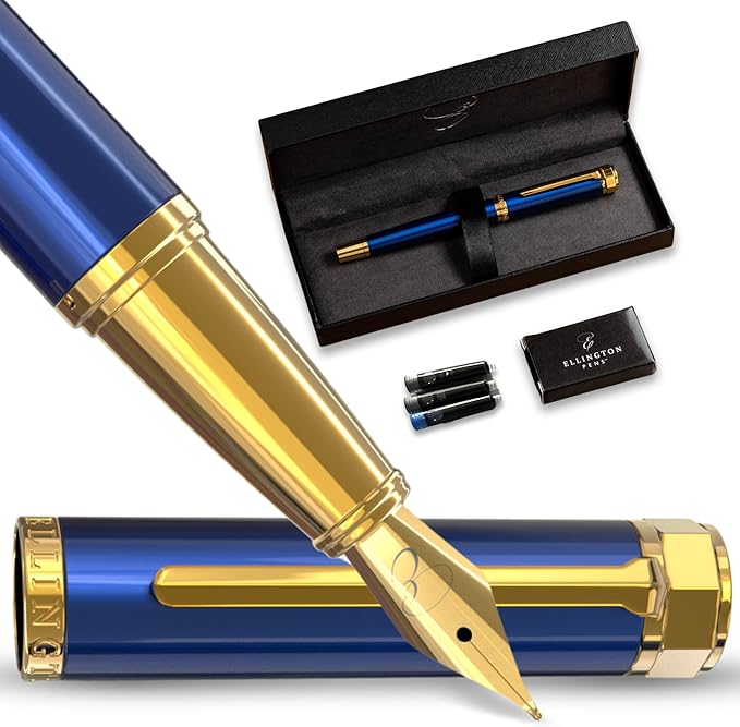 Luxury Fountain Pen Set- Fountain Pens for Writing - Smooth Medium Nib - Includes Refillable Ink Converter, 3 Ink Cartridges [Black & Blue], Gift Box - Elegant Calligraphy