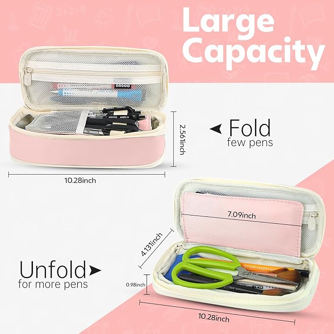 Pencil Case, Large Capacity Aesthetic Pencil Cases with Durable Zipper, Big Stationery Pencil Pouch for Women & Men, Adults Portable Storage Organizer Bag for College, office, Travel (Pink)