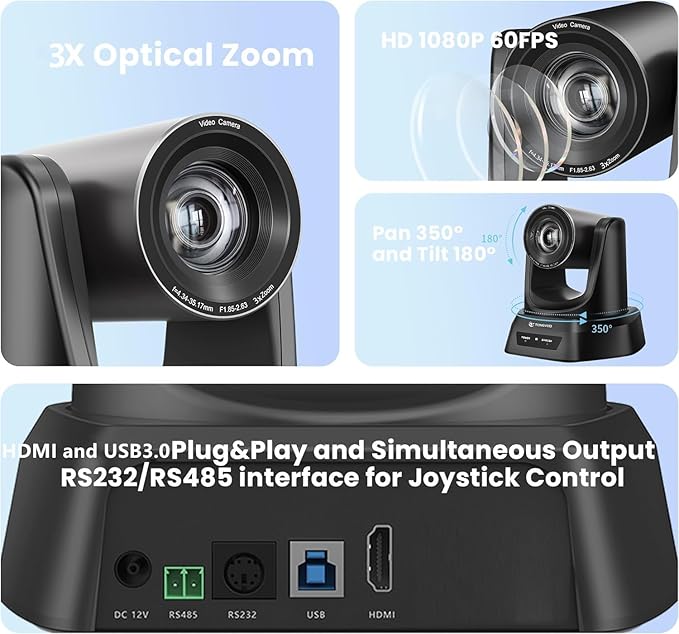 Conference Room PTZ Camera System 3X Optical Zoom USB3.0, HDMI 114° Wide Angle 1080P 60fps Camera Bundle with Bluetooth Microphones - Easy Setup for Church