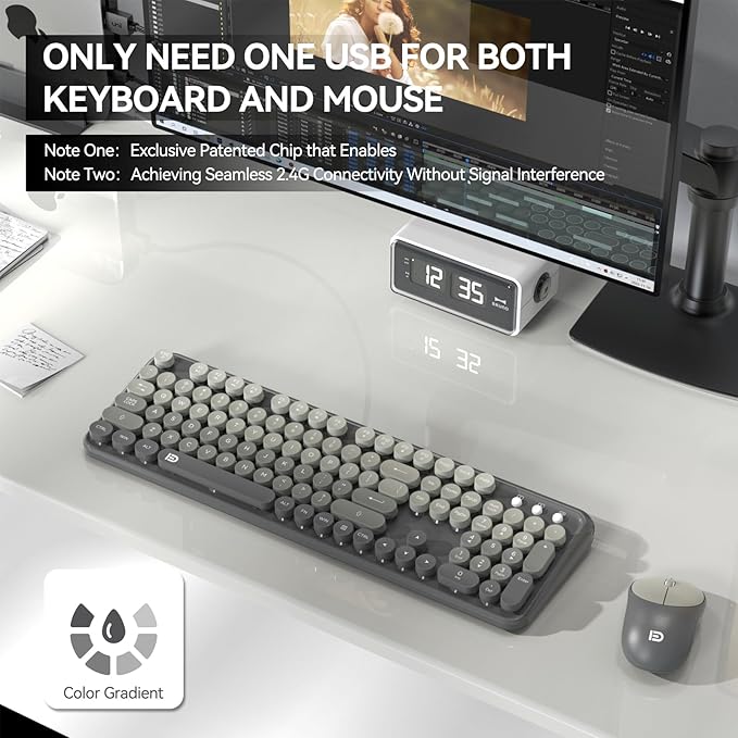 Wireless Keyboard and Mouse Combo, 2.4 GHz Wireless Full-Sized Typewriter Keyboard with Round Keycaps for Windows, Computer, Desktop, PC, Laptop (Grey)
