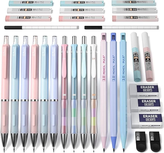 Nicpro 31PCS Pastel Mechanical Pencil Set with Case, Cute Art Drafting Pencils 0.5, 0.7, 0.9 mm & 2mm Lead Holder with 11 Tube Lead Refills(HB 2B), Aesthetic School Supplies for Drawing Sketching